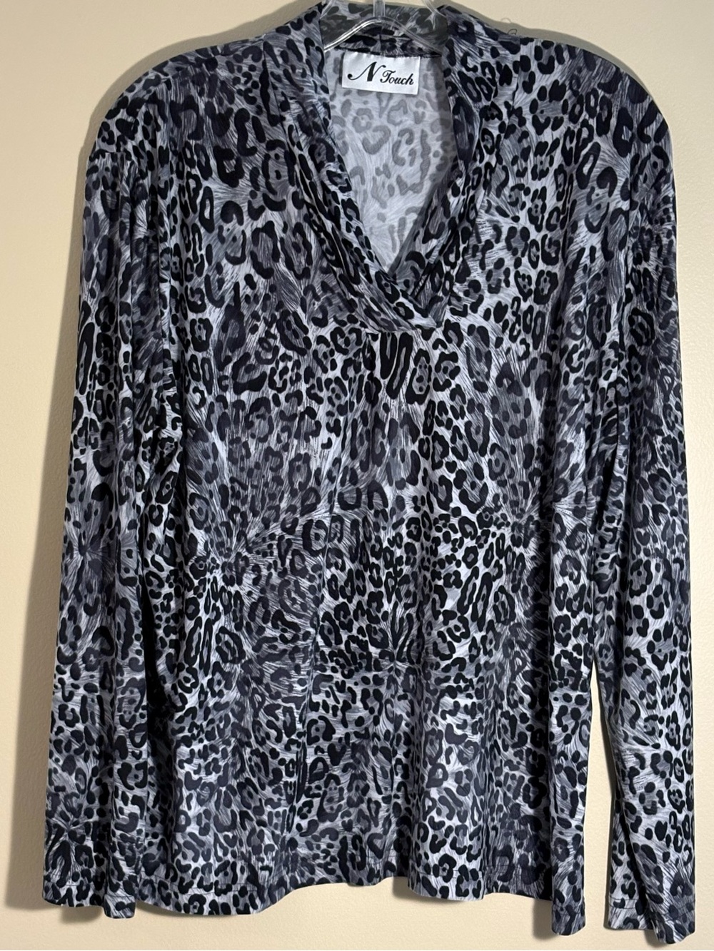 N Touch Grey Leopard Print Drape Neck Long Sleeve Blouse - Size Large